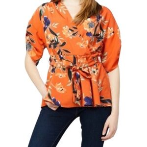 Anthropologie RD & Koko Orange Floral Print Wrap Tie Waist Peplum Blouse - M